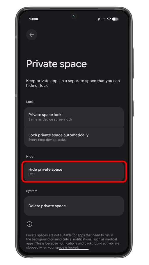Settings screen showing u0027Private spaceu0027 options on an Android device.