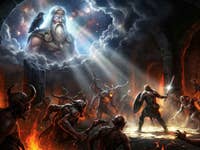 A norse god looking down upon a human hero fighting enemies.