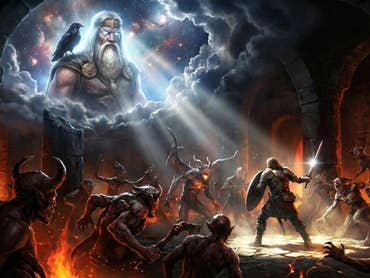 A norse god looking down upon a human hero fighting enemies.