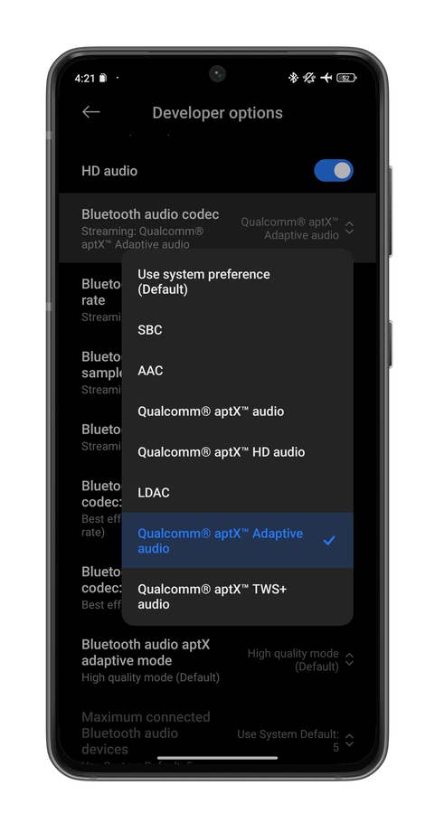 A screenshot showing how to change the Bluetooth codec of your Android smartphone