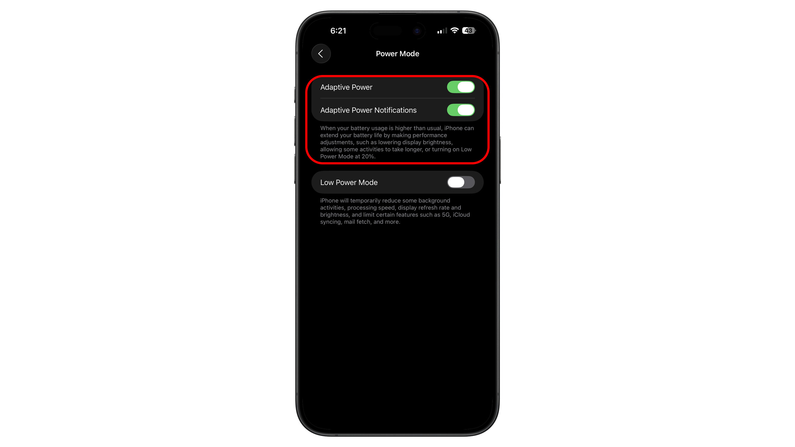 iPhone screen showing Power Mode settings with Adaptive Power and Adaptive Power Notifications options.