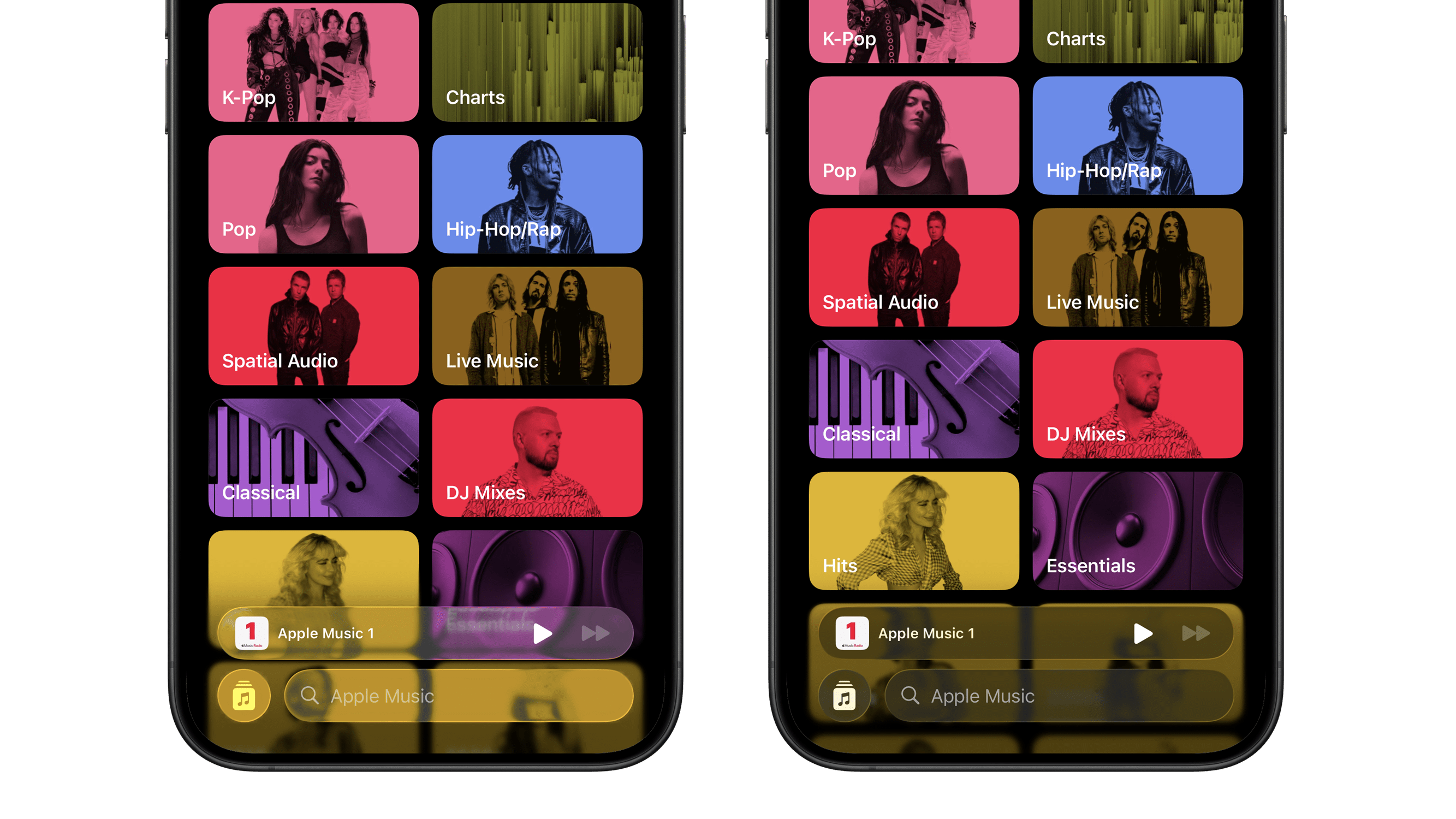 The iOS 26 Beta 2 (left side) shows prominent glowing effect around the elements compared to a frost-like effect in iOS 26 Beta 3 (right).