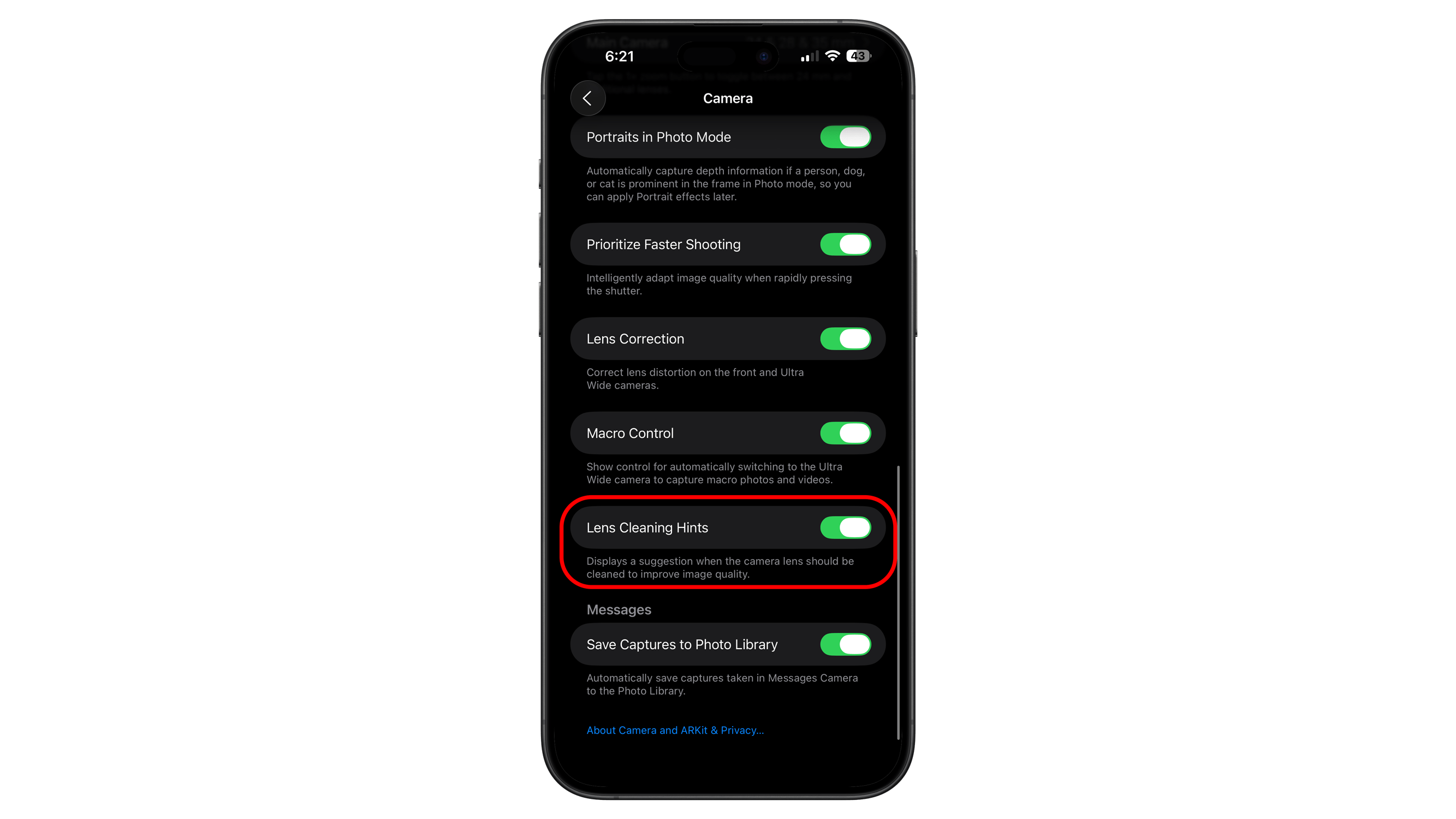Settings menu for iOS camera features, highlighting 'Lens Cleaning Hints'.