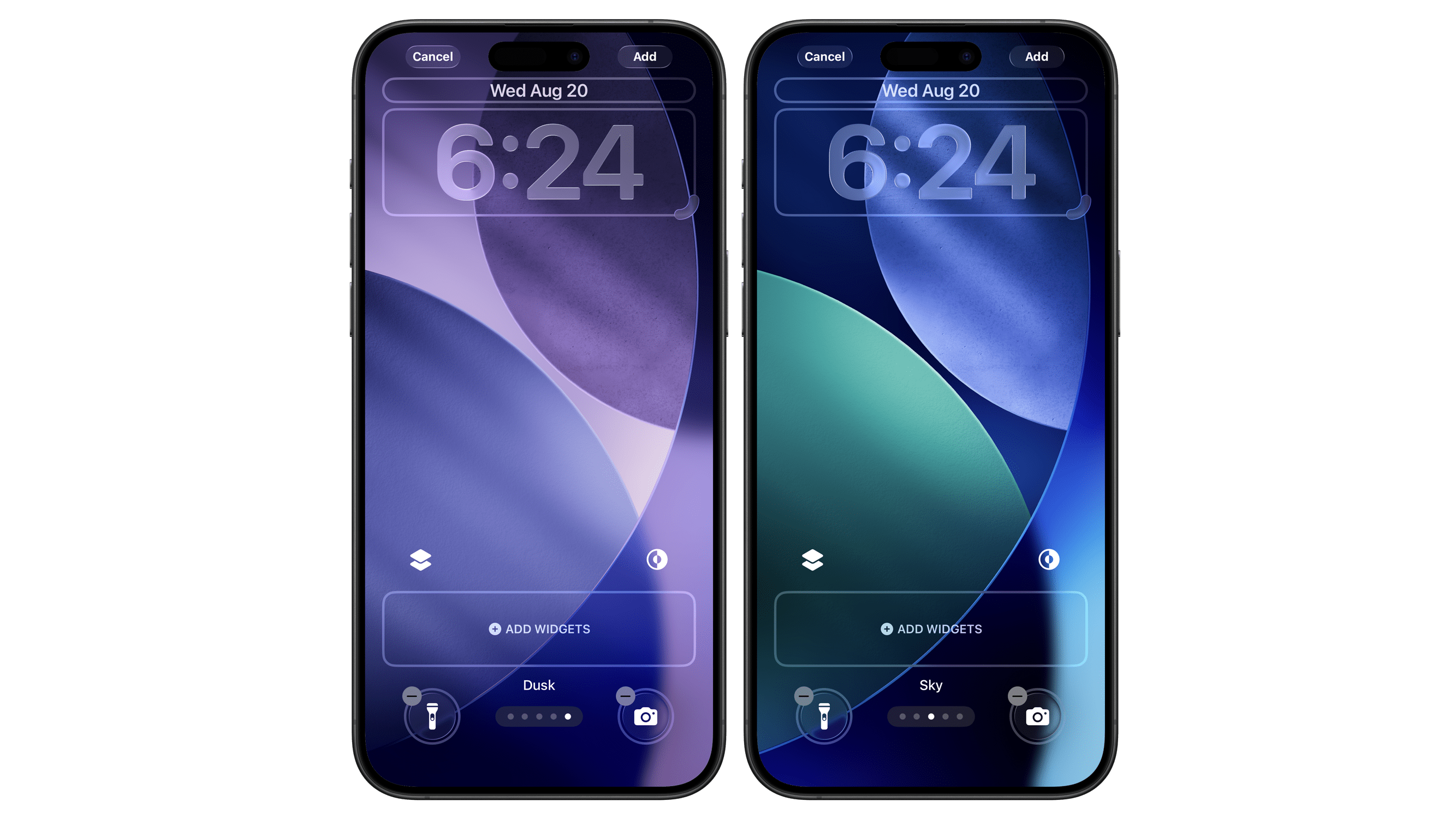 Two iPhones displaying the time 6:24 and date Wed Aug 20, with widgets labeled 'Dusk' and 'Sky'.