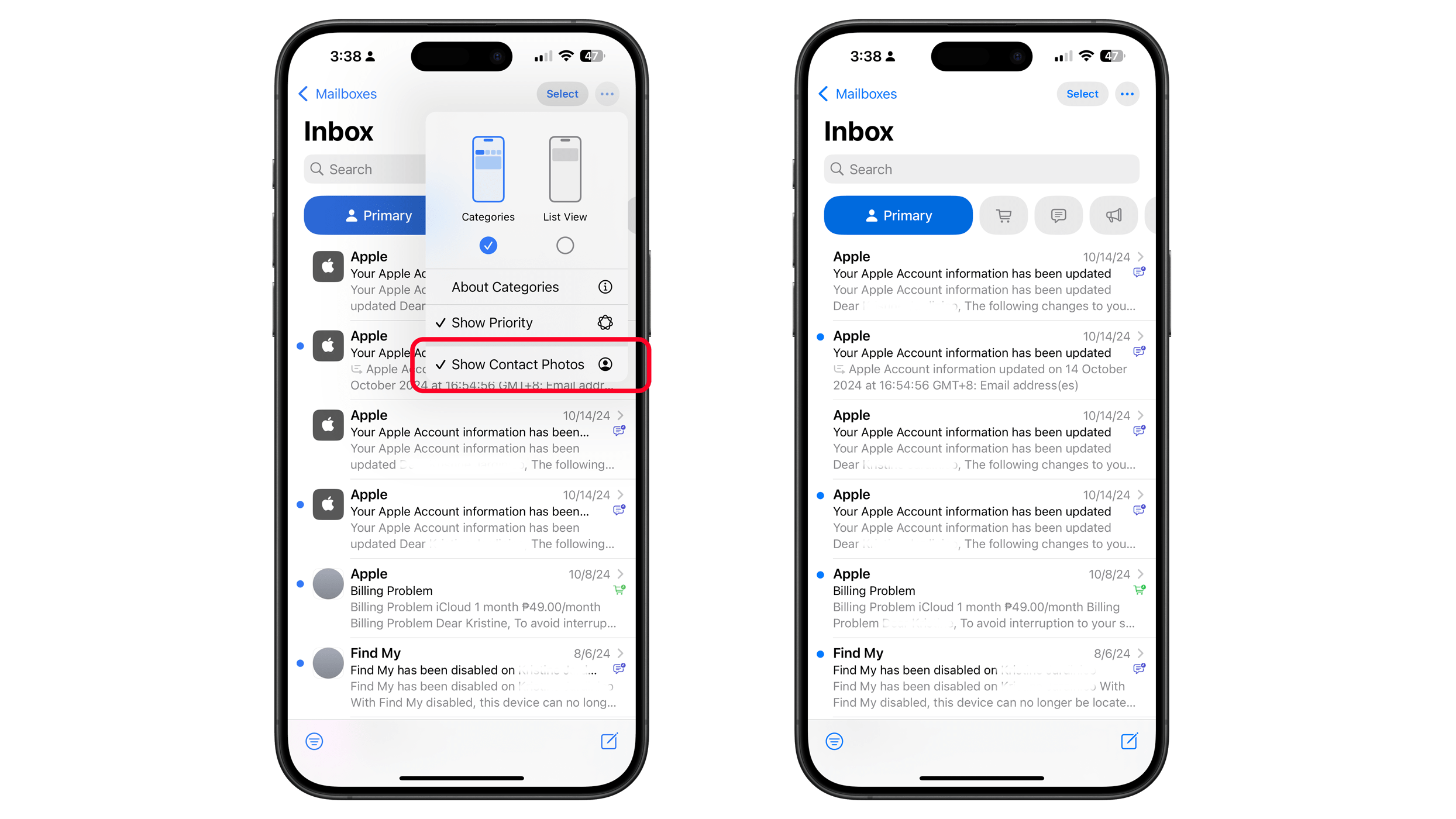 iOS Mail app inbox showing options to show contact photos and email updates. iOS Mail app inbox showing options to show contact photos and email updates.