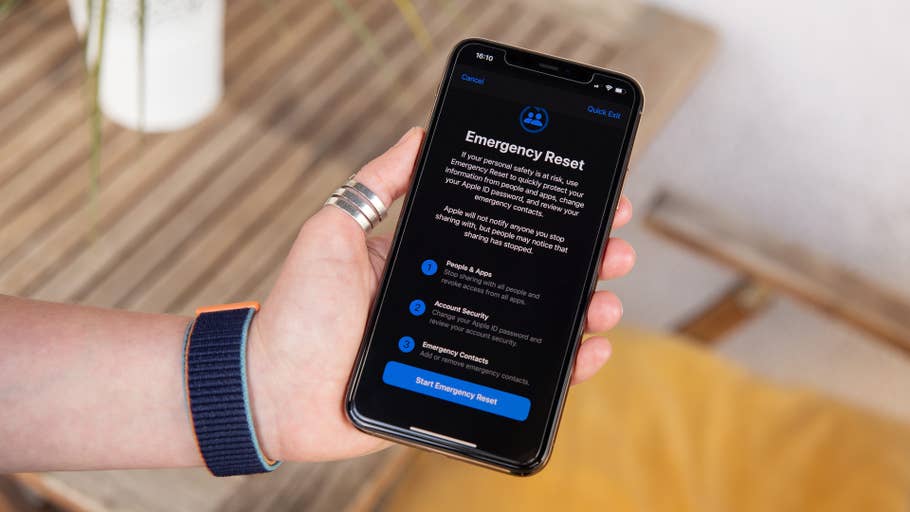 Screen shot showing the Emergency reset features of the Safety Check function on the iPhone