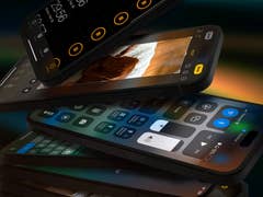 Different iPhones stacked up showing different system functions.