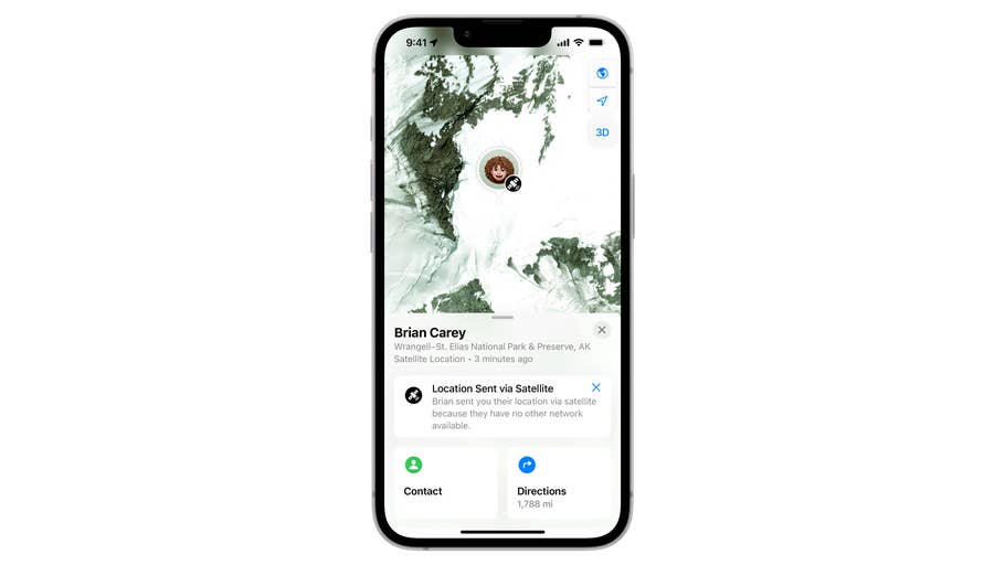 iPhone displaying a satellite map with location details for Brian Carey in Wrangell-St. Elias National Park.