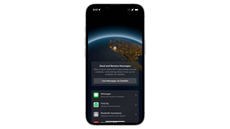 iPhone 16E screen showing satellite messaging feature with options for Messages, Find My, and Roadside Assistance.