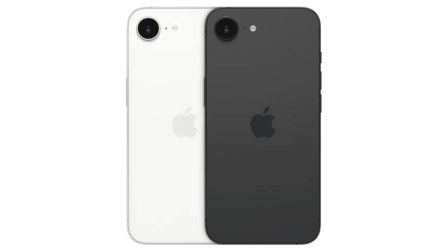 Apple iPhone 16E models in white and black, showcasing their back designs.