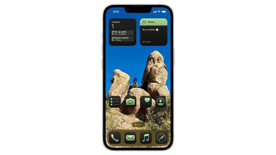 iPhone 16E displaying a notes widget with reminders and a scenic background.