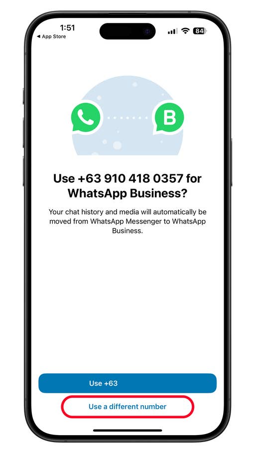 WhatsApp Business setup screen with a phone number prompt and options to continue or change number.