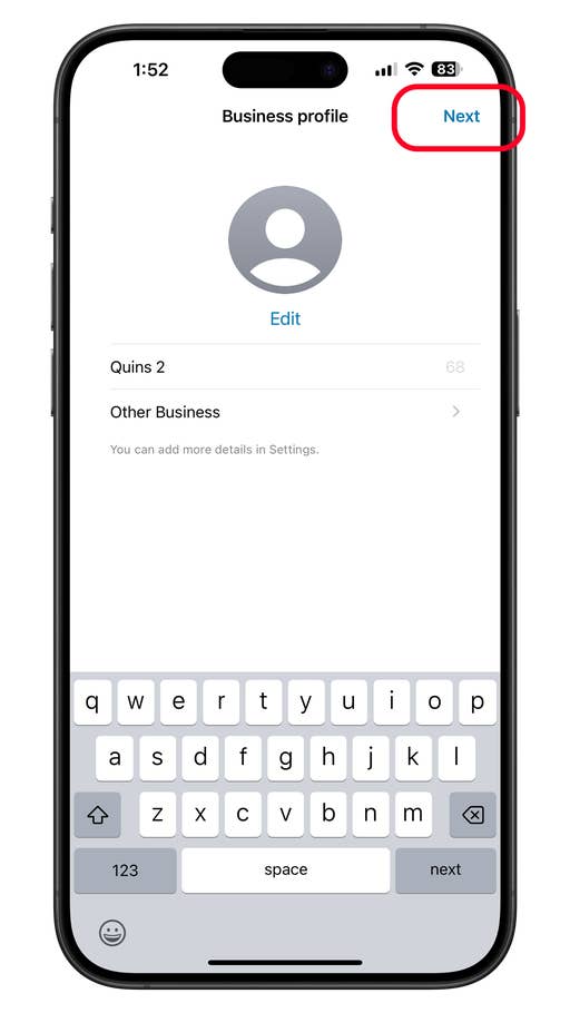 WhatsApp Business profile screen with fields for editing business details and a keyboard.