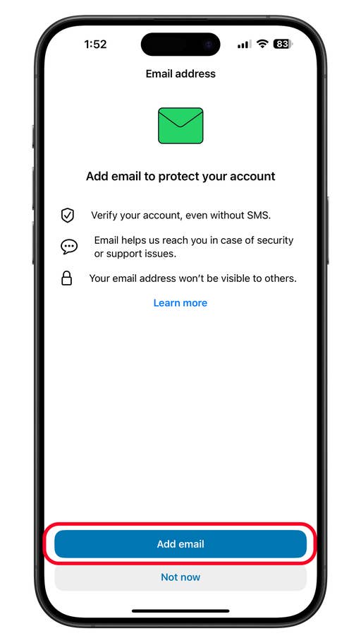 Screen showing WhatsApp Business email verification prompt with u0027Add emailu0027 button.