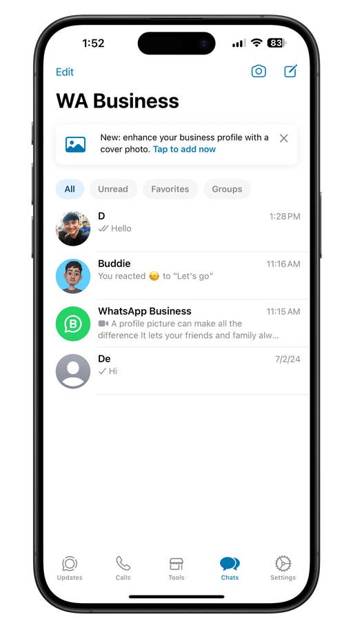 WhatsApp Business interface showing chat list and profile photo enhancement prompt.