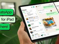 WhatsApp for iPad launch announcement on a tablet screen with chat interface.