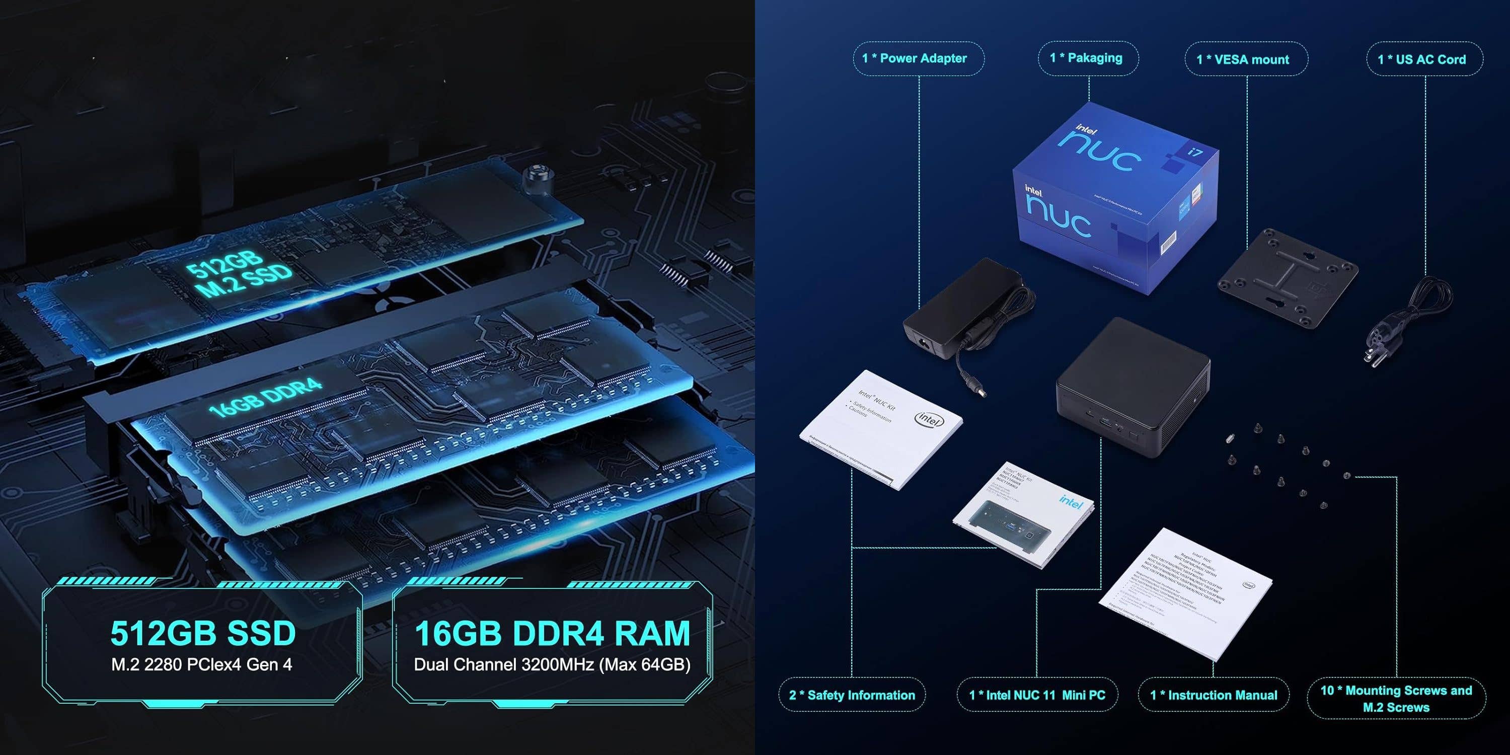 Promotional Intel NUC 11 image showing memory expansion options and package contents