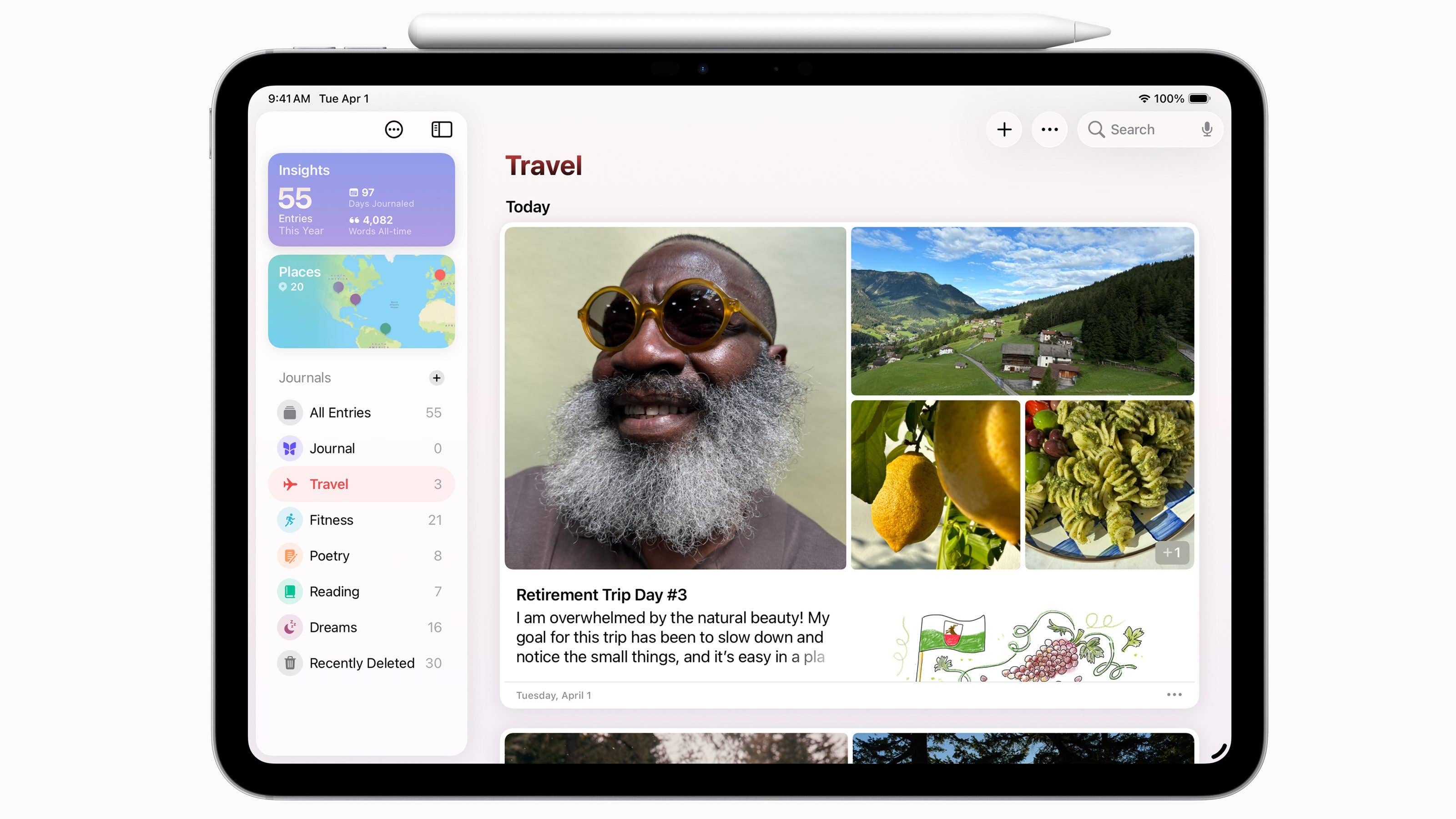 A digital journal interface on an iPad, featuring travel entries and images of nature, food, and a person.