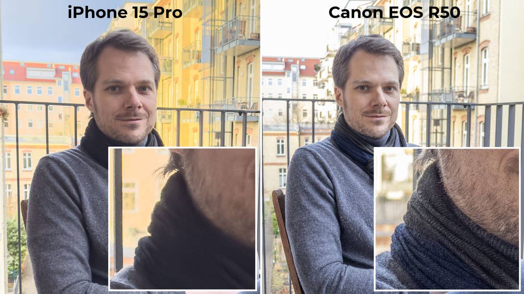 The iPhone beats the Canon EOS R50 in tweaking the dynamic range but loses out in detail. The iPhone beats the Canon EOS R50 in tweaking the dynamic range but loses out in detail.