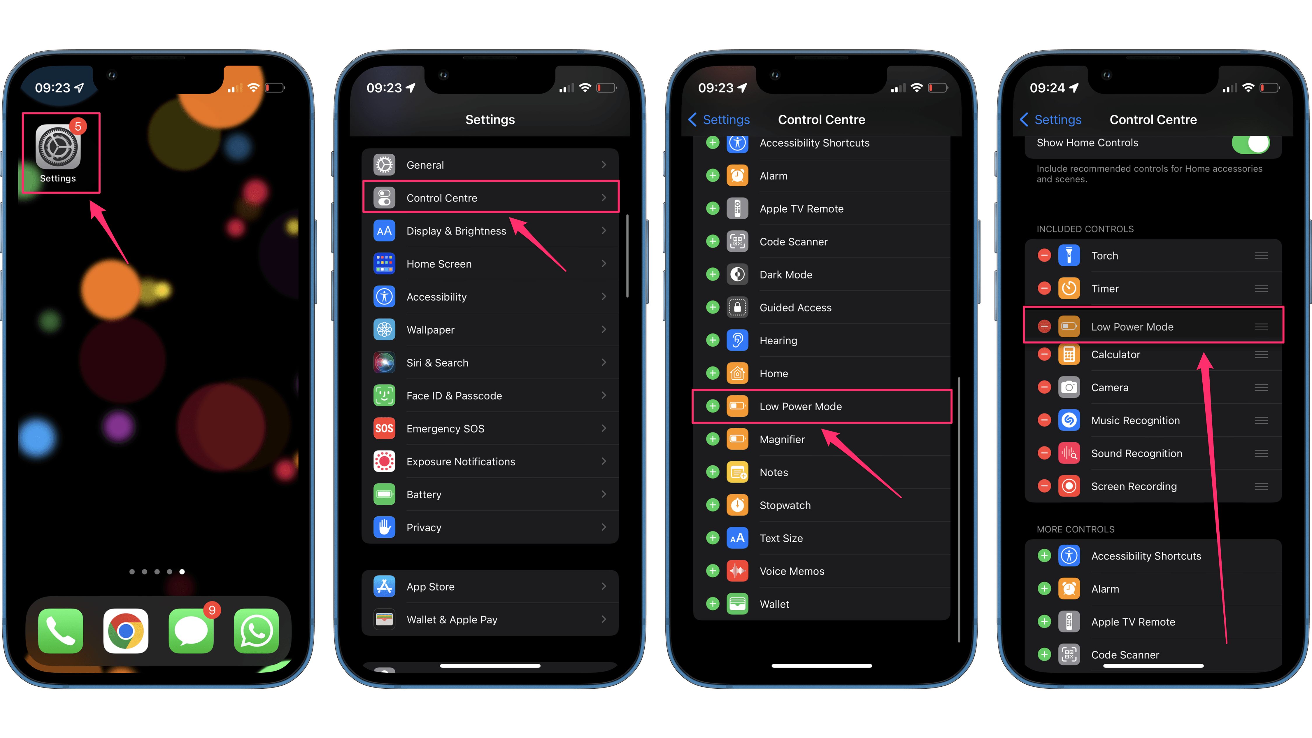 Screenshots, die man zeigen, wie man den Energiesparmodus in das Kontrollzentrum packt.