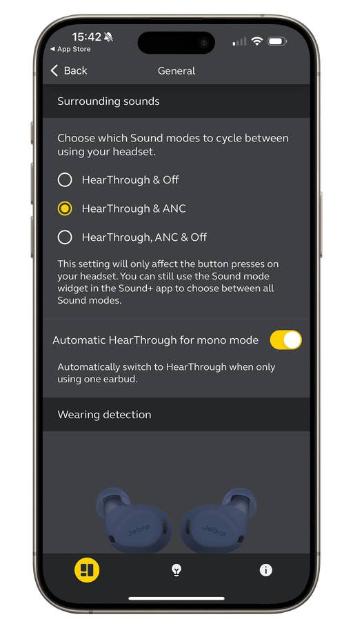 Screenshot of the Jabra Elite 8 Active Sound+ app