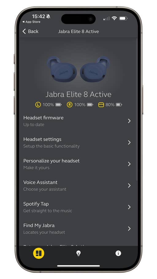 Screenshot of the Jabra Elite 8 Active Sound+ app