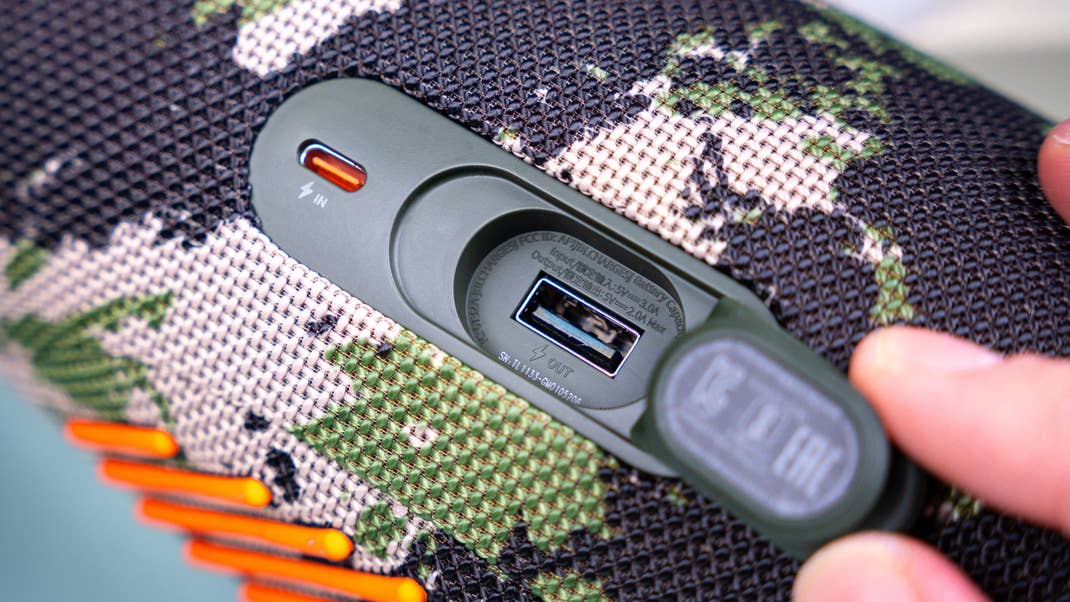 JBL Charge 5 port connections for USB-C charging, and USB-A to power other devices.