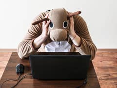 Person in a costume sitting in front of a notebook