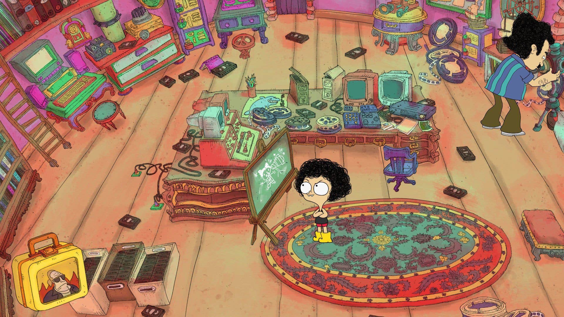 A colorful video game screenshot featuring Jorel's Brother in a cluttered room with various retro items.