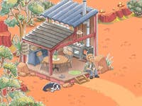 A cozy wooden house with a chimney in a desert landscape, featuring a man sitting outside and a dog nearby.