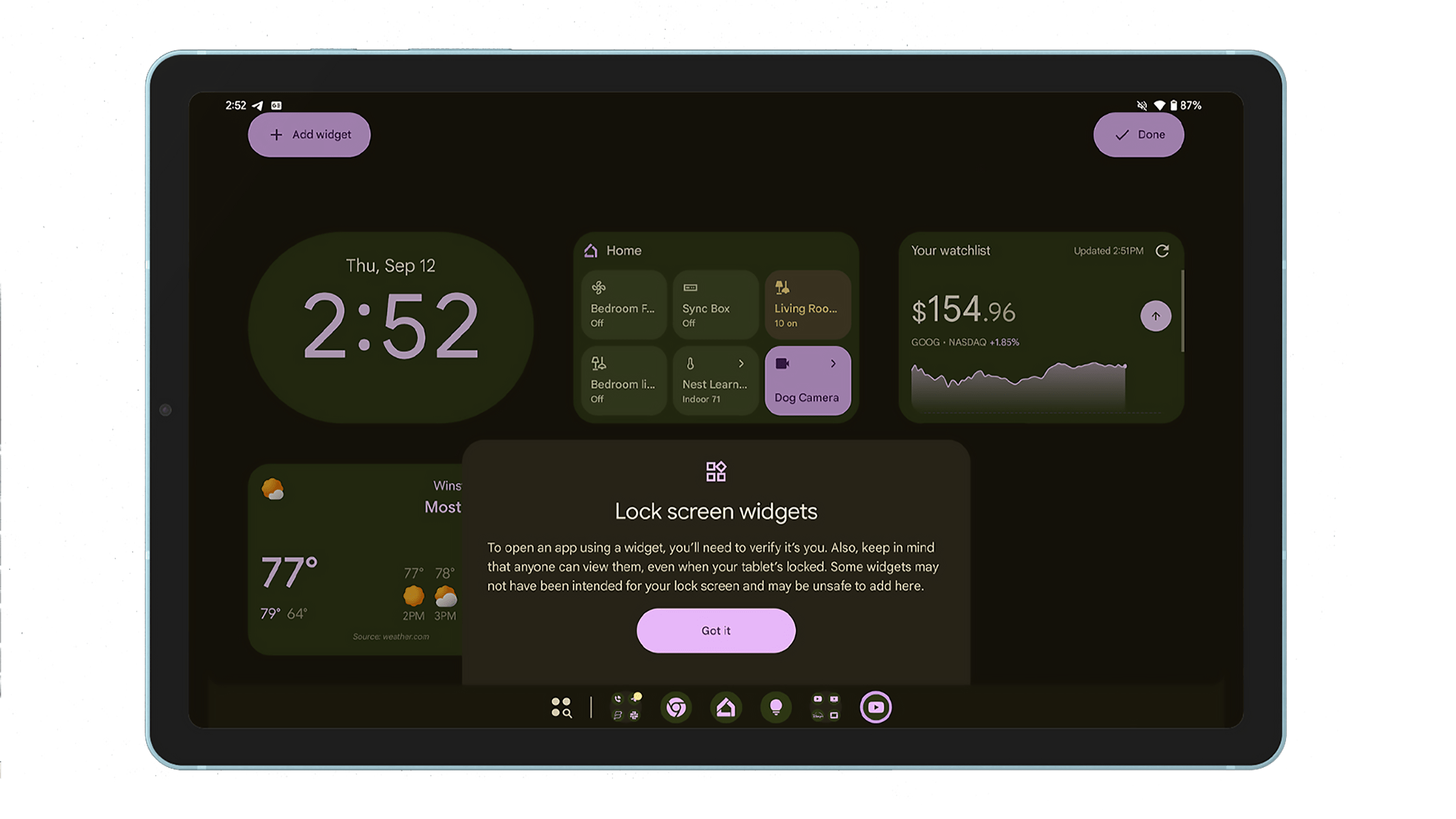 Google Pixel Tablet displaying a clock, weather, and widget options on a dark interface.