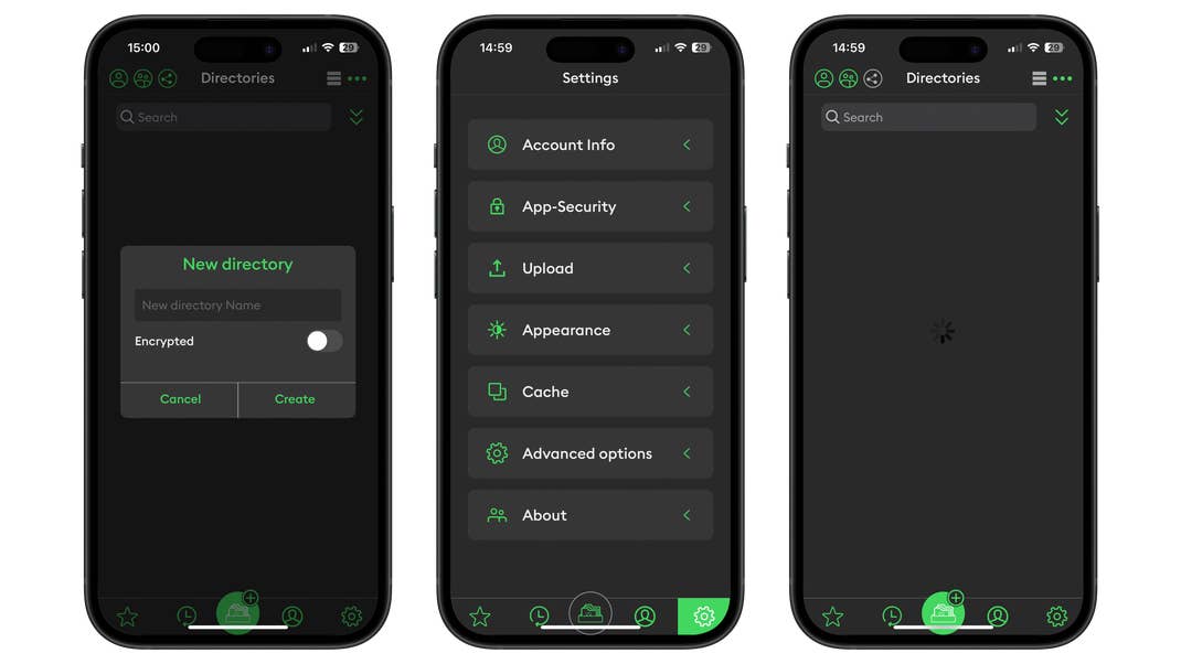 Overview of Luckycloud app showing directories and settings options on three mobile screens.