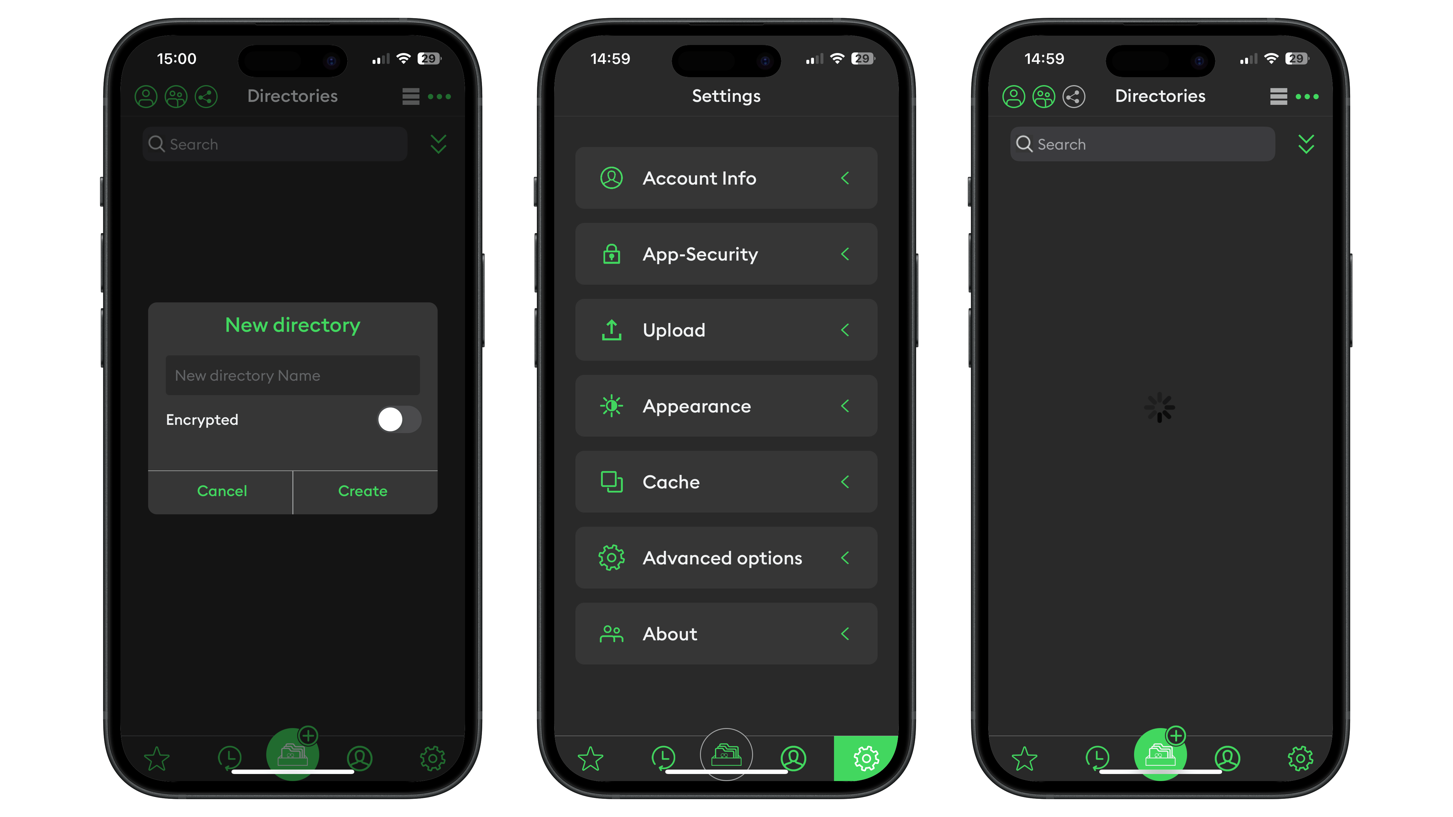 Overview of Luckycloud app showing directories and settings options on three mobile screens. Overview of Luckycloud app showing directories and settings options on three mobile screens.