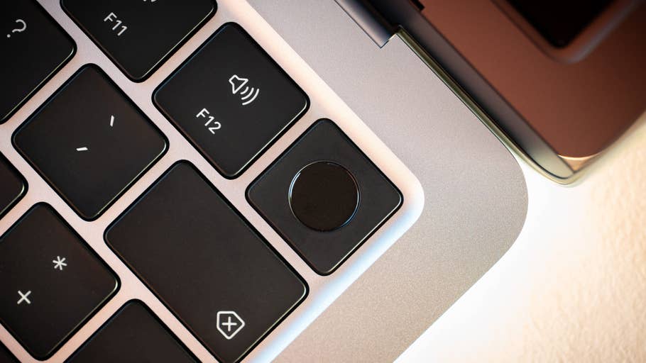 Top view of the keyboard of an Apple MacBook Air with its F12 and power key highlighted.