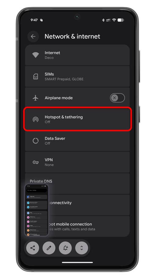 Settings menu on Android phone showing Network u0026 internet options.