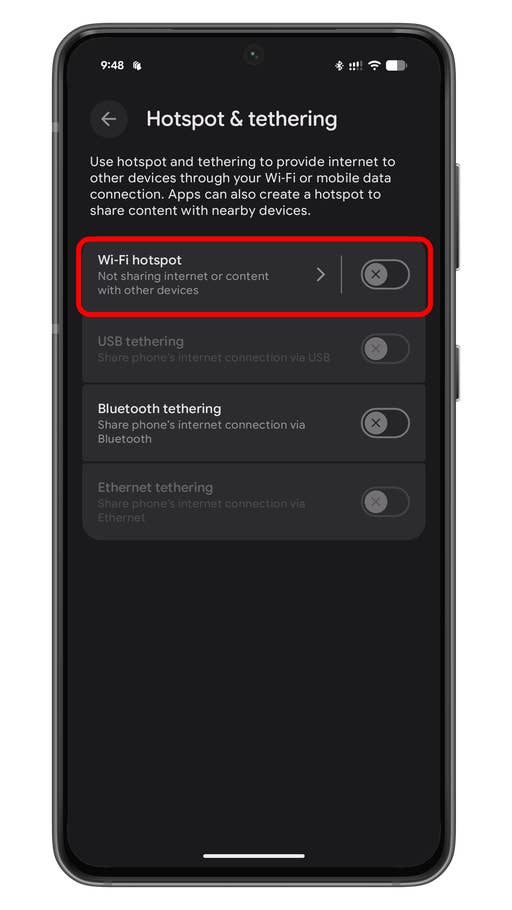 Android settings screen for hotspot and tethering options.