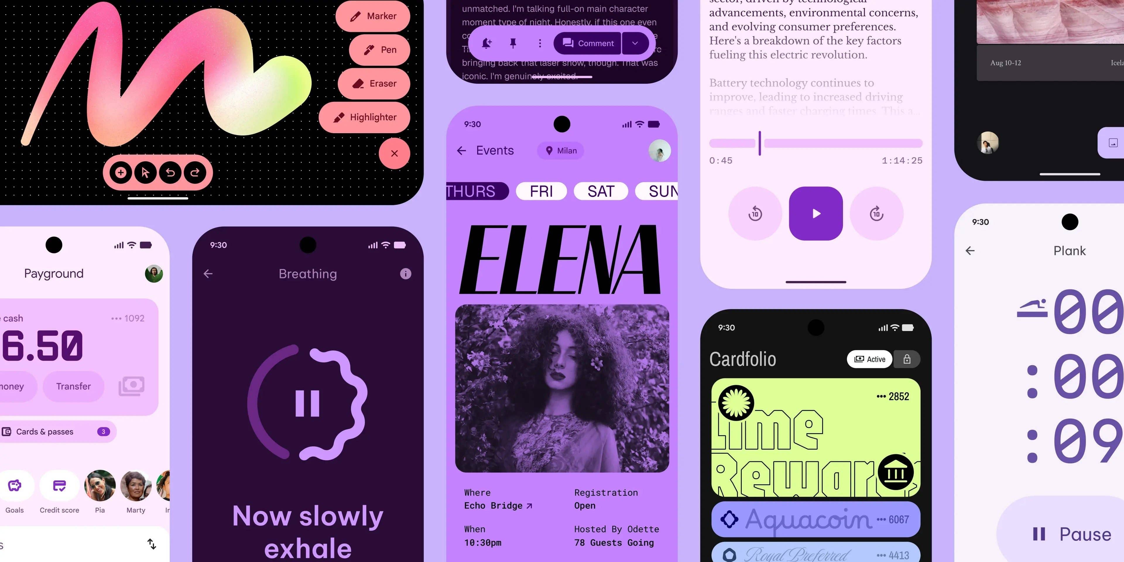 Various smartphone app designs showcasing Android 16 Material 3 with expressive interfaces.