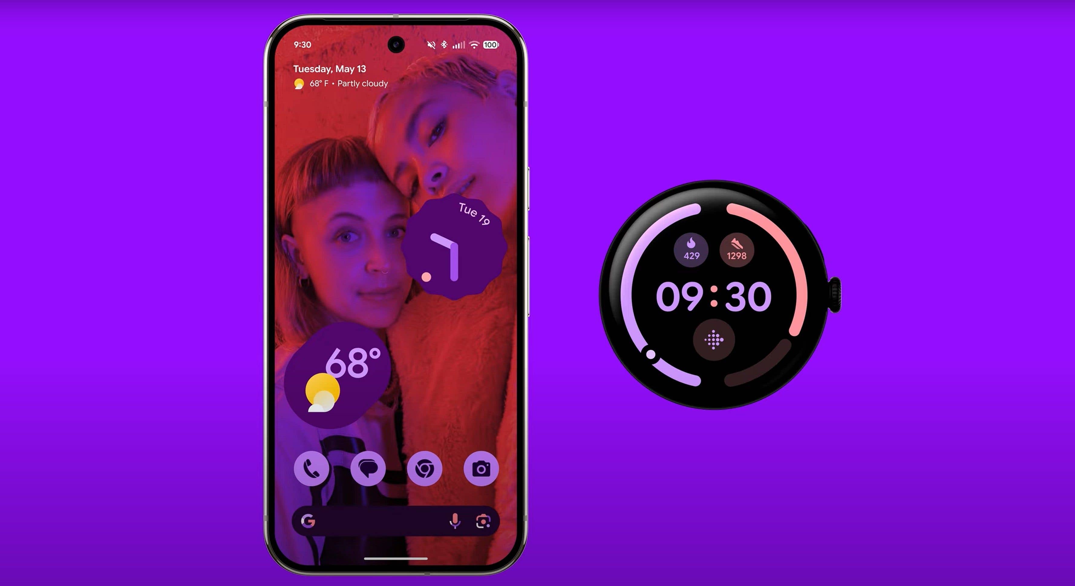 A smartphone displaying a weather widget and a WearOS smartwatch on a purple background.