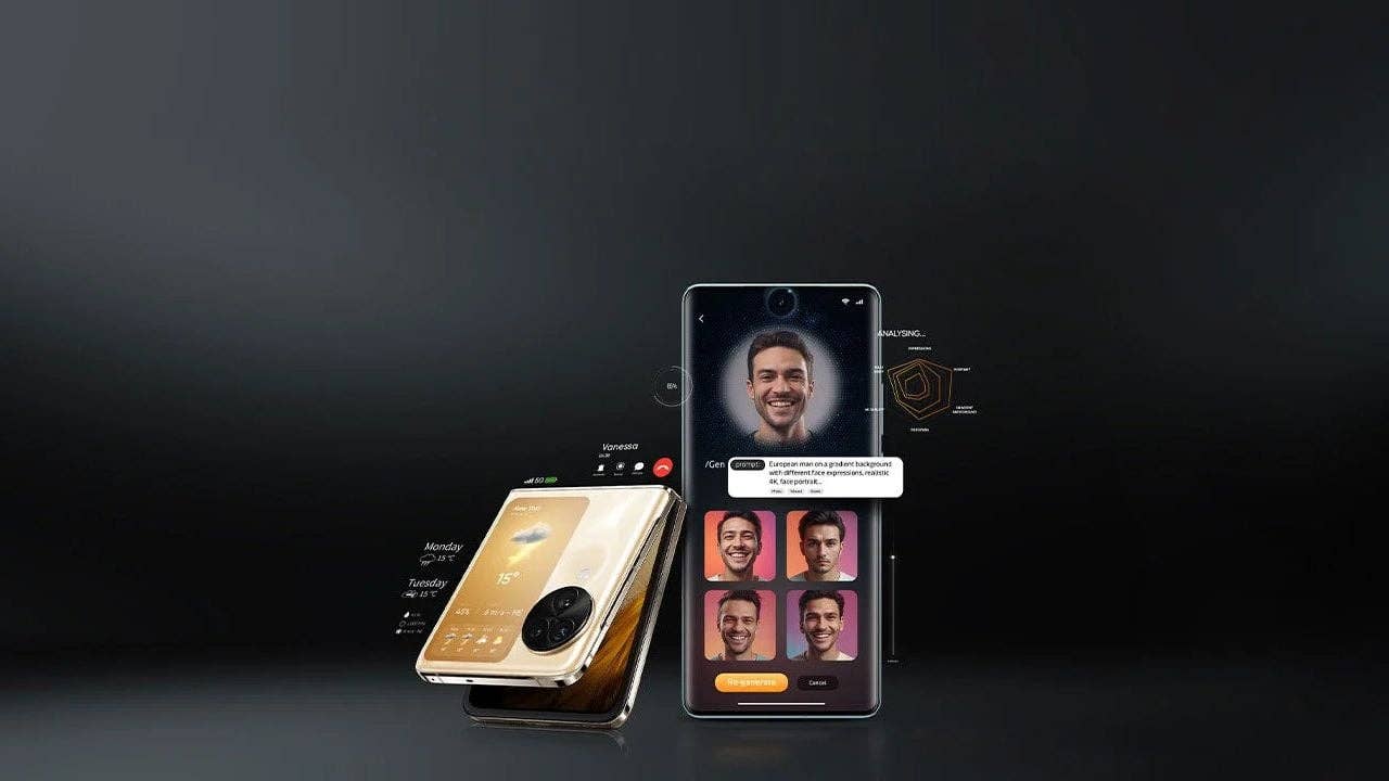 A flip smartphone displaying a weather app and a profile analysis screen with a smiling face.