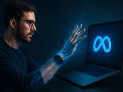 A man using a laptop, reaching towards a glowing blue infinity symbol.