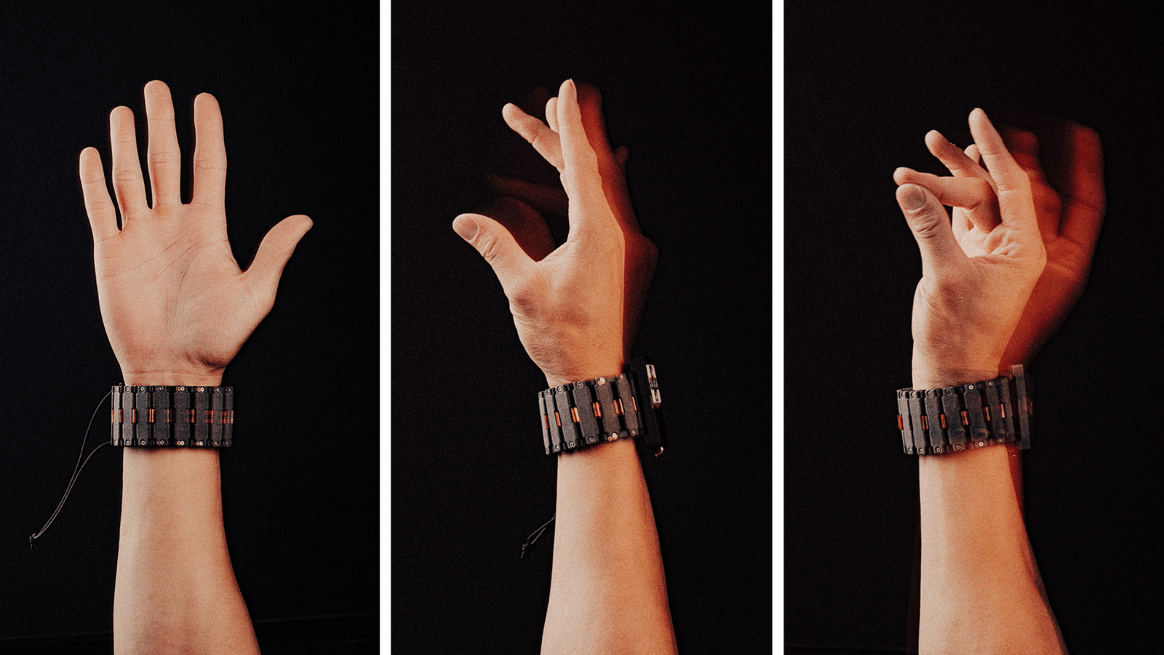 Three images of a hand in different positions, wearing a black and orange wristband.