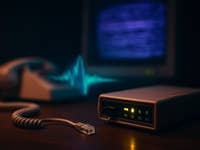 A modem connected to a telephone with a computer monitor displaying static.