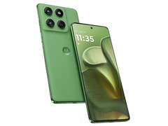 Green Motorola Edge 2025 smartphone with dual rear cameras and display showing the time 11:35.