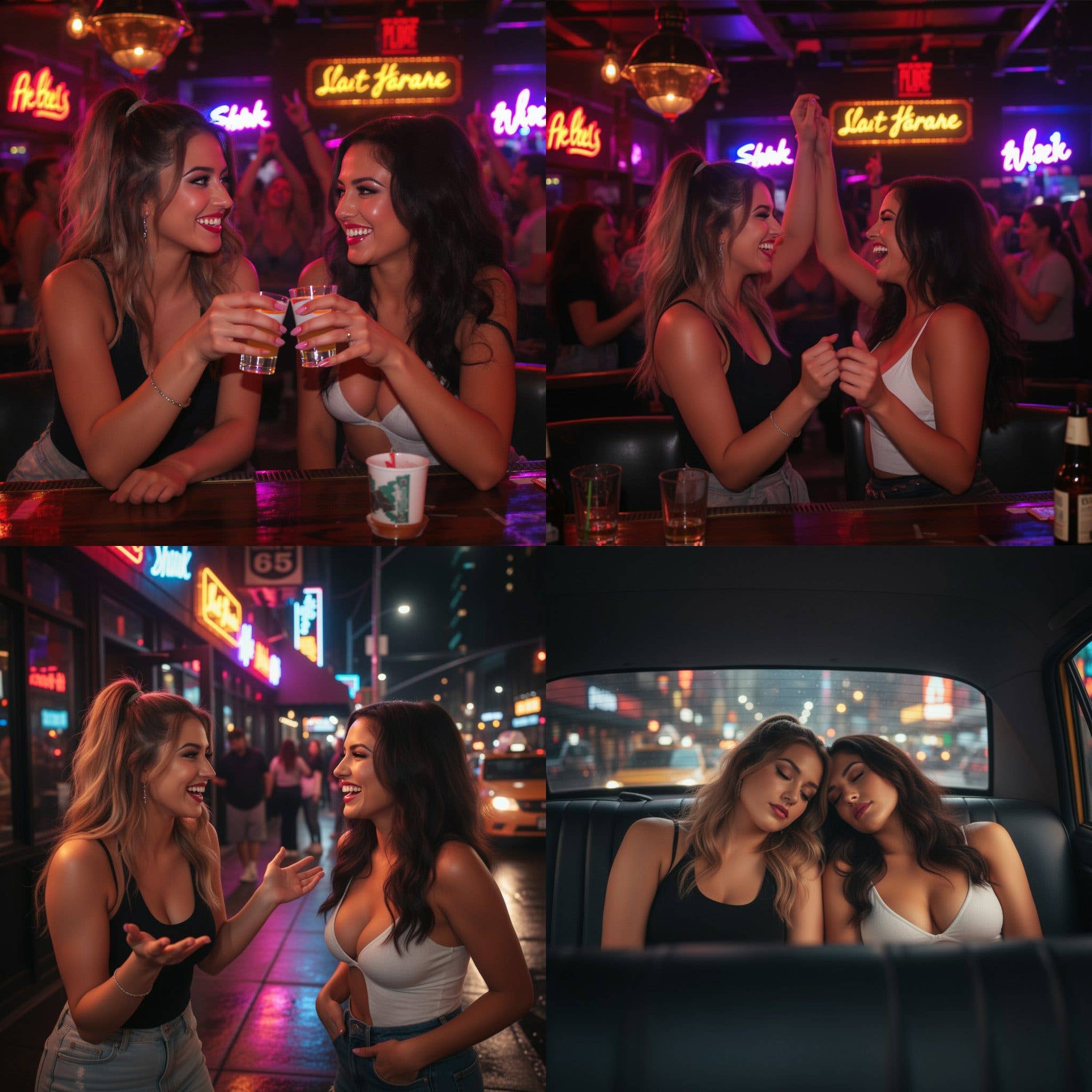 Two women laughing and enjoying drinks at a vibrant bar with neon lights.