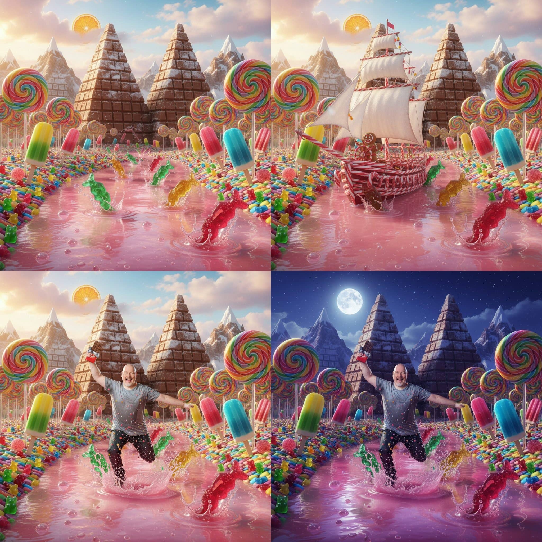 A whimsical candy landscape with a boy splashing in a pink river amidst lollipops and candy mountains.