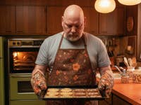 A man in a 70s kitchen takes a tray of cookies out of the oven.