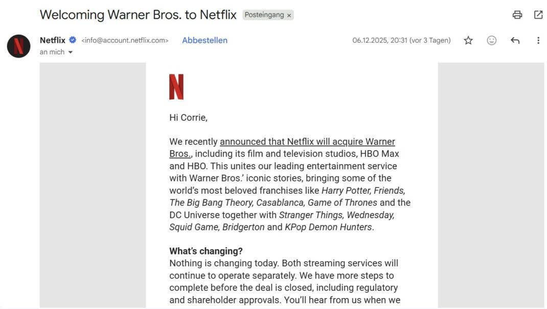 Netflix email regarding warner bros. takeover