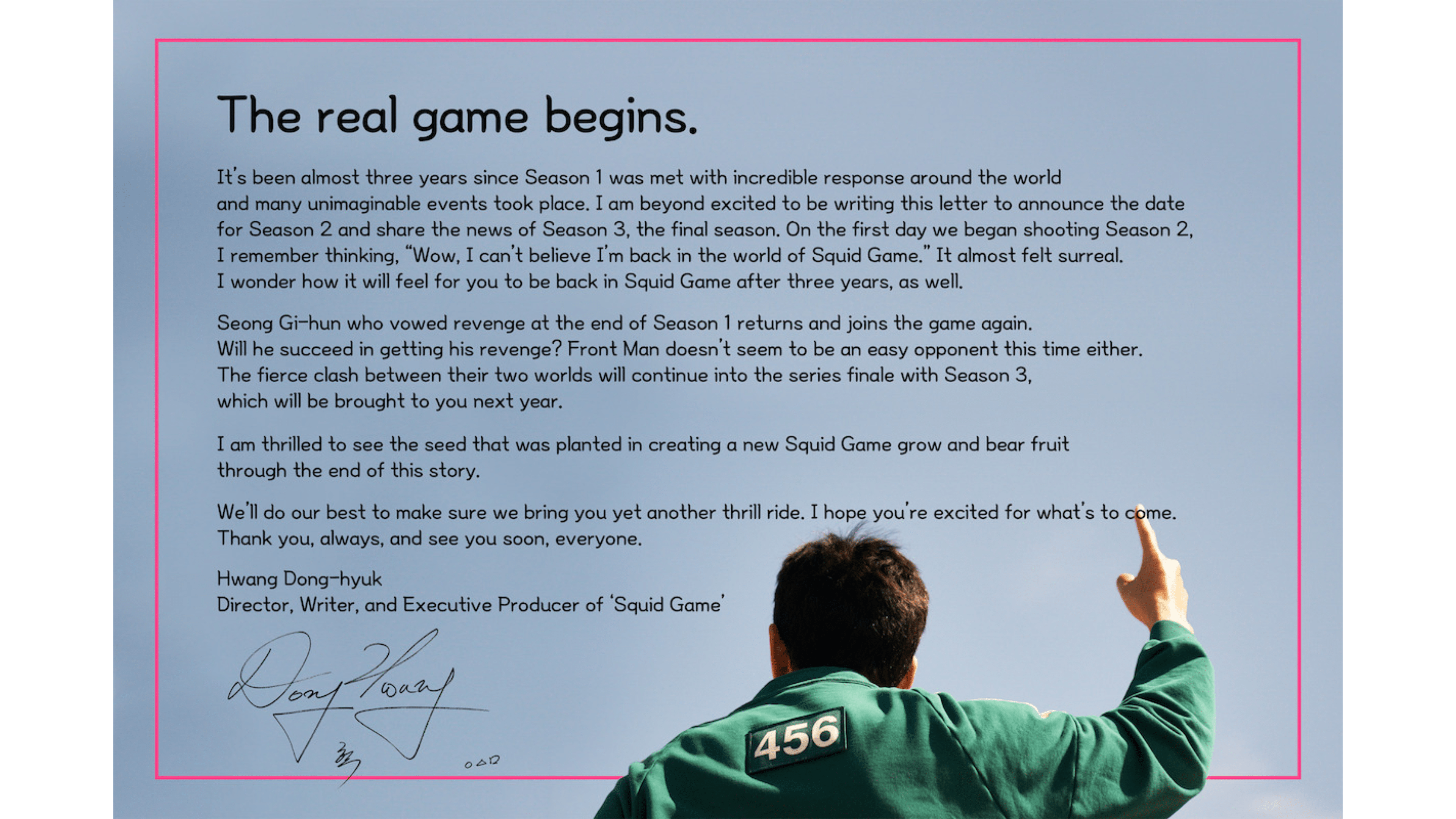 Letter from Hwang Dong-hyuk announcing 'Squid Game' Season 2 with a signature.