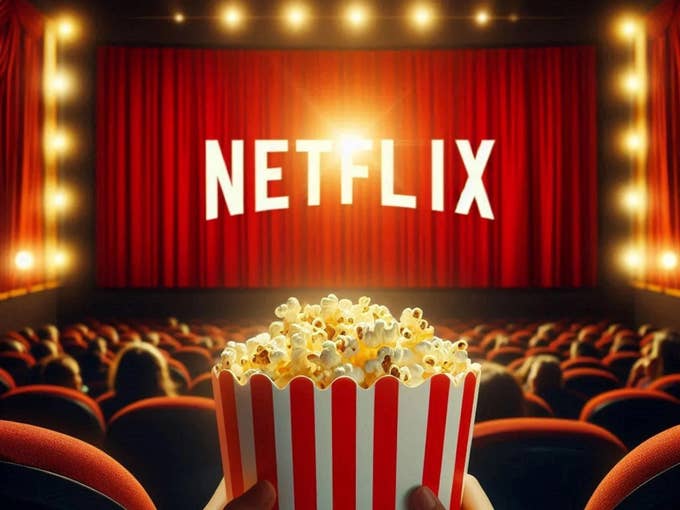 Netflix logo on a movie screen with popcorn