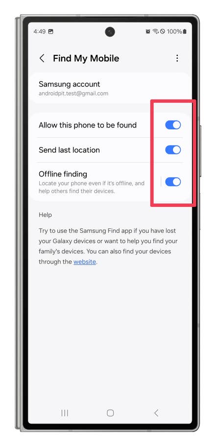 One UI screenshots showing how to turn on the Find My Mobile feature.